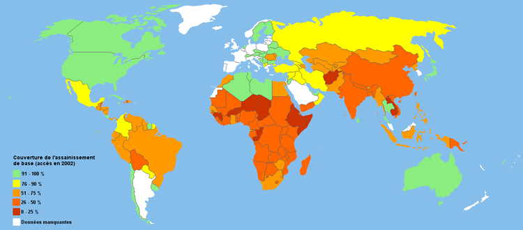 Couverture de l'assainissement de base dans le monde d'après une évaluation de l'OMS en 2002.